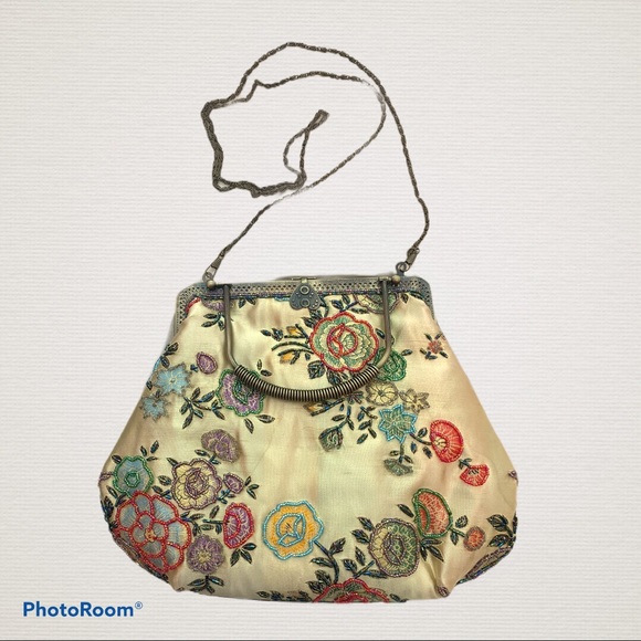 Handbags - VINTAGE Silk Embroidered, Beaded Bag w/Chain Strap